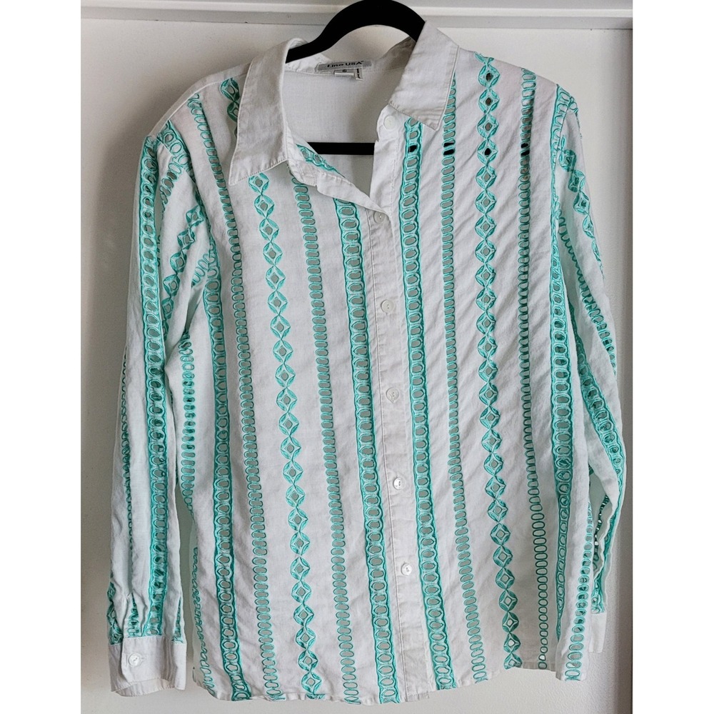 Vintage Lino USA SET XL Button Down Shirt & Pants White Aqua Linen Embroidery